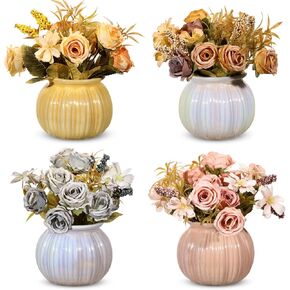 LUEUR 4PCS Artificial Fall Flowers Arrangement with Vase Fake Flower for Vase Small Faux Autumn Flowers Decor in Ceramic Pot for Centerpiece Table Autumn Decoration Farmhouse Kitchen Office Shelf