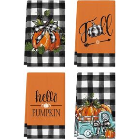 Artoid Mode Buffalo Plaid Truck Hello Pumpkin Fall Kitchen Towels Dish Towels, 18x26 Inch Farmhouse Thanksgiving Decoration Hand Towels Set of 4