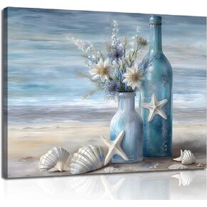 Blue Beach Ocean Flower Canva Wall Art Coastal Seascape Floral Vase Poster Picture Starfish Conch Theme Painting Rustic Shell Print for Bedroom Bathroom Living Room Office Wall Decor Framed