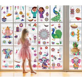 9 Sheets Diwali Window Clings for Window Glass Diwali Window Stickers Decals Lamp Peacock Indian Diwali Window Decorations Lights Party Window Static Decals Supplies