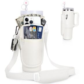 Water Bottle Carrier Bag: Holder with Phone Pocket for Stanley 40oz Tumbler Handle - Sling Pouch Sleeve Bag with Straw Cover for Walking for Stanley Cup Accessories