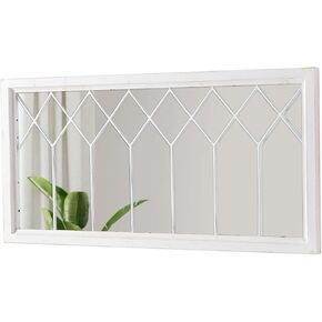 Rectangular Window Mirrors for Wall Decor 20 X 40 Inch, Distressed White Farmhouse Wooden Window Pane Mirror for Living Room, Rustic Horizontal Long Mirrors for Hallway Entryway