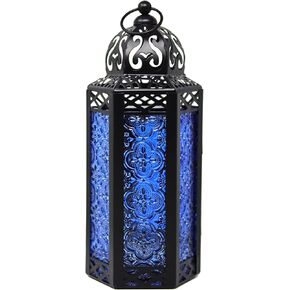 VELA LANTERNS 3pk Moroccan Candle Lantern Decorative Candle Holder Lamp for Table or Hanging, Indoor Home Decor, Outdoor Patio or Porch, Weddings, Black Metal, Medium, Cobalt Blue Glass