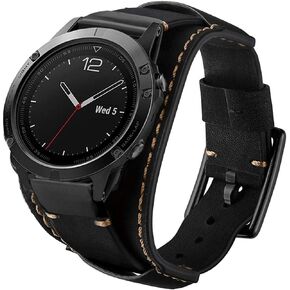 Leather Bands Compatible with Garmin Fenix 6X/6X Pro/5X/5X Plus/3/3 HR/Sapphire/D2/Foretrek 601/701/Quatix 3/Tactix Bravo/Descent Mk1 Smartwatch, 26mm Quick Fit Genuine Leather Cuff Band Strap