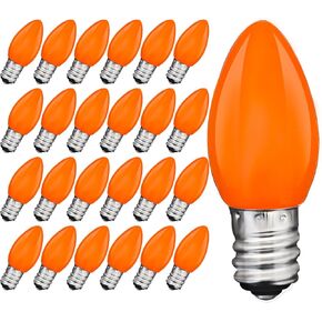 25 Pack C7 LED Orange Light Bulbs, C7 LED Orange Halloween Replacement Bulbs for Indoor Outdoor Halloween String Lights (E12/C7 Candelabra Base Sockets), 0.6W