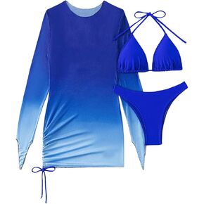 SHENHE Women's 3 Piece Swimsuit Halter Triangle Bikini Set with Ombre Long Sleeve Cover Up Dress