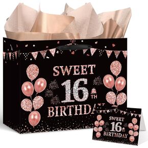Black Rose Gold 21st Birthday Gift Bag with Happy 21st Birthday Greeting Card and Tissue Paper for Girls Rose Gold 21st Birthday Gift Wrap Bag for 21st Birthday Christmas Party Decorations Supplies