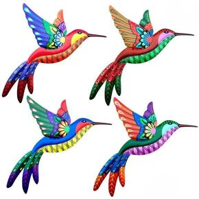 Vibrant Flower Wing Hummingbird Metal Wall Art Decor Set of 4, Colorful 3D Mexican Outdoor Metal Art for Patio Decorations, Backyard Decor, Talavera Fence, Deck & Garden Mexican Wall Art