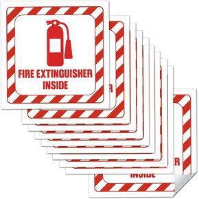 10 Pcs Fire Extinguisher Inside Sign Sticker, Vinyl Safety Signs Decals for Trucks, Cabinets or Equipment, 2.75" x 2.75" Self Adhesive, Weatherproof & UV Protected