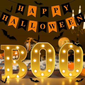 Nialnant Halloween Mantel Decor، لافتات الهالوين "BOO" مقاس 8.5 بوصة، ديكورات الهالوين الداخلية مع 24 قطعة من ملصقات الحائط الخفافيش ثلاثية الأبعاد + لافتات الهالوين السعيدة in Kuwait
