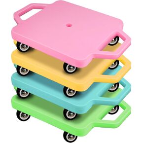 4 Pcs Sports Scooter Board with Handles Sitting Scooter Board Colored Plastic Casters Sport Floor Scooter Board Children Gym Indoor Outdoor Activities Play Equipment (Pink,Yellow,Blue,Green)