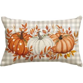 AVOIN colorlife Fall Pumpkin Plaid Throw Pillow Cover 12x20 Inch, Seasonal Autumn Leaves Thanksgiving Harvest Cushion Case Decoration for Sofa Couch
