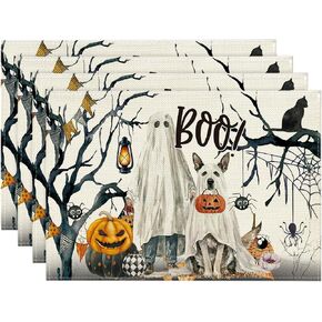 Artoid Mode Ghost Pumpkins Tree Dog Boo Halloween Placemats Set of 4, 12x18 Inch Seasonal Fall Holiday Table Mats for Party Kitchen Dining Decoration