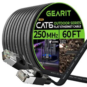 GearIT Cat 6 Outdoor Flat Ethernet Cable (60ft, Black) Direct Burial Rated LLDPE Jacket - Indoor Cat6 Shielded FTP 10Gbps High Speed Gaming Computer Network RJ45 Snagless Patch Cord Internet