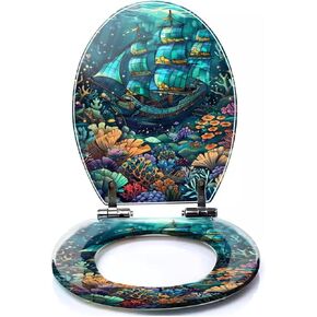 Colored Toilet Seat with Slow Close, Teal Blue Ocean Octopus Coral Reefs Resin Toilet Seats, Easy to Install, Easy to Clean Heavy Duty Deluxe Toilet Seat