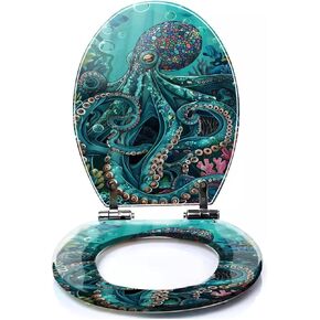 Colored Toilet Seat with Slow Close, Teal Blue Ocean Octopus Coral Reefs Resin Toilet Seats, Easy to Install, Easy to Clean Heavy Duty Deluxe Toilet Seat