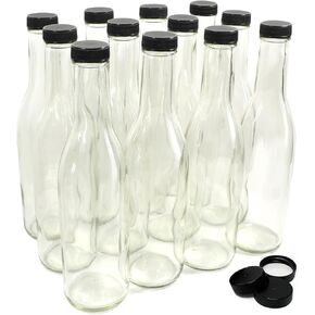 nicebottles - Clear Glass Woozy Bottles, 12 Oz (375ml) - Case of 12 Lovely Bottles Packed in Sturdy Box with 15 Black Screw Caps (Yes, That's 3 Extra Caps!)