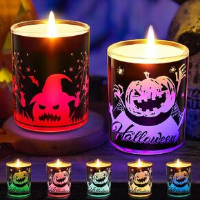 2Pack Halloween Scented Ghost Candles with 7 Color Light Changes, Spooky Candle Halloween Decorations Indoor Scary, Fall Scented Candles Perfect Halloween Candle Holder for Festival Scene