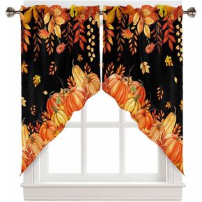 Thanksgiving Pumpkin Swag Curtains for Windows,Fall Maple Leaves Swag Kitchen Curtains Sets,Pastoral Autumn Orange Rod Pocket Window Treatment for Kitchen Sink Bedroom Living Room,36x36INx2 Panels