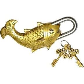 PARIJAT HANDICRAFT Functional Brass Beautiful Padlocks with Two Keys Fish Monastery Lock - Solid Brass with Natural Patina in a Beautifully Ornate Padlock.