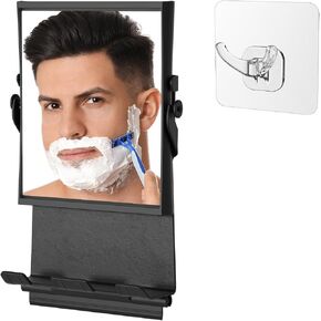 Fogless Mirror for Shower with Dual-Sided 1X/3X Magnification, Fogless Shower Mirror with Small Squeegee and Adhesive Hook, Rust-Proof and Black