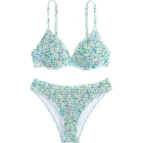 WDIRARA Women's Floral Print Smocked Bikini Set Swimsuit Two Piece Bathing Suit