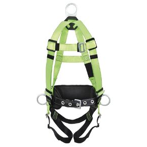 Peakworks Fall Protection Full Body Safety Harness with Positioning Belt, Padded Lumbar Support, Back & Side D-Rings, Pass Thru Leg Buckles, Hi Vis Green/Black, Medium, V8255222