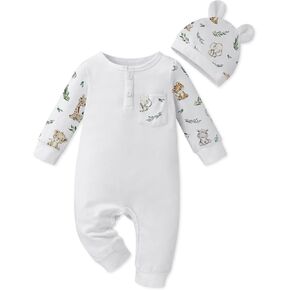 Newborn Baby Boy Clothes Animal Printed Snap Romper Coming Home Outfit 2PCS Baby Jumpsuit Boy Bodysuit 0-9 Months
