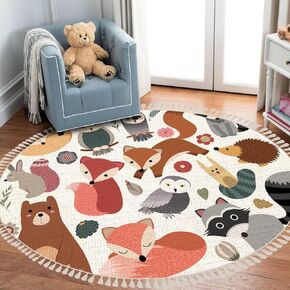 Round Rugs Woodland Animals Cute Forest Design Elements Boho Area Rug Linen and Cotton Carpet Meditation Rug Washable Hallway Runner Mat Accent Rug for Bedroom Bathroom 4ft, Multi1