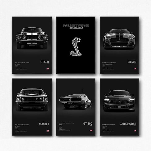 ZHIRUI Muscle Car Posters Mustang Car Collection Posters For Boys Bedrooom Black Racing Car Super Car Canvas Wall Art For Men Cave(Unframe-8x12inch-Set Of 6) in Saudi Arabia