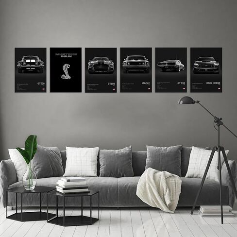 ZHIRUI Muscle Car Posters Mustang Car Collection Posters For Boys Bedrooom Black Racing Car Super Car Canvas Wall Art For Men Cave(Unframe-8x12inch-Set Of 6) in Saudi Arabia