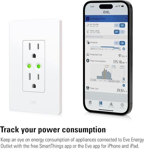 Eve Energy Outlet (Matter) - منفذ ذكي ومقياس طاقة، تطبيق وتحكم صوتي، بدون جسر، خيط، يعمل مع Apple Home، Alexa، Google Home، SmartThings، خصوصية 100%، يتطلب جهاز توجيه بحدود الخيط in Saudi Arabia