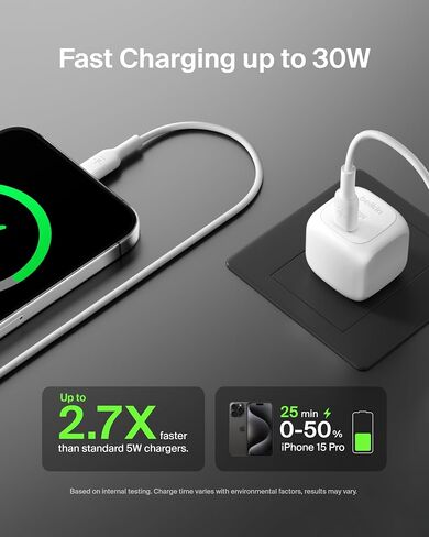 شاحن حائط مكعب Belkin BoostCharge بقدرة 20 واط، توصيل طاقة USB-C شحن سريع لهواتف Apple iPhone 15، 15 Plus، 15 Pro، 15 Pro Max، 14، 14 Pro، 14 Pro Max، Samsung Galaxy S24، iPad، AirPods والمزيد - أبيض in Kuwait