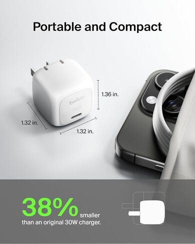 شاحن حائط مكعب Belkin BoostCharge بقدرة 20 واط، توصيل طاقة USB-C شحن سريع لهواتف Apple iPhone 15، 15 Plus، 15 Pro، 15 Pro Max، 14، 14 Pro، 14 Pro Max، Samsung Galaxy S24، iPad، AirPods والمزيد - أبيض in Kuwait