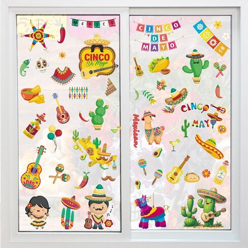 ALIBBON 8 أوراق Cinco de Mayo Window Clings المكسيكي فييستا ملصقات نافذة للزجاج الصبار الغيتار تاكو غير لاصقة نافذة ملصقات الشارات الكرتون ثابت تتشبث لتزيين نافذة العيد الطرف in Saudi Arabia