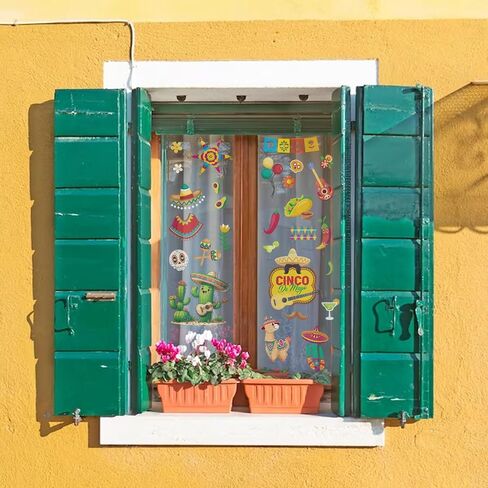 ALIBBON 8 أوراق Cinco de Mayo Window Clings المكسيكي فييستا ملصقات نافذة للزجاج الصبار الغيتار تاكو غير لاصقة نافذة ملصقات الشارات الكرتون ثابت تتشبث لتزيين نافذة العيد الطرف in Saudi Arabia