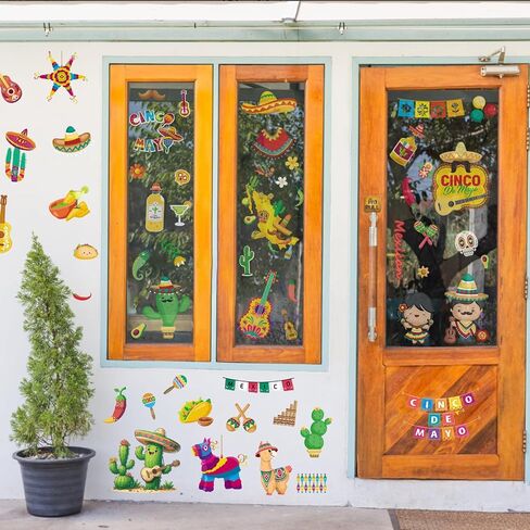 ALIBBON 8 أوراق Cinco de Mayo Window Clings المكسيكي فييستا ملصقات نافذة للزجاج الصبار الغيتار تاكو غير لاصقة نافذة ملصقات الشارات الكرتون ثابت تتشبث لتزيين نافذة العيد الطرف in Saudi Arabia
