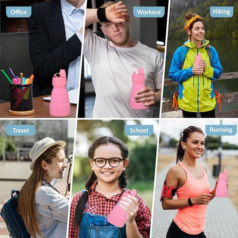 Collapsible Water Bottles 17oz, Odorless BPA-Free Silicone, Leak-Proof Foldable Reusable Bottle - Perfect for Travel Sports Gym Hiking Camping Cycling - Water Pink in Saudi Arabia