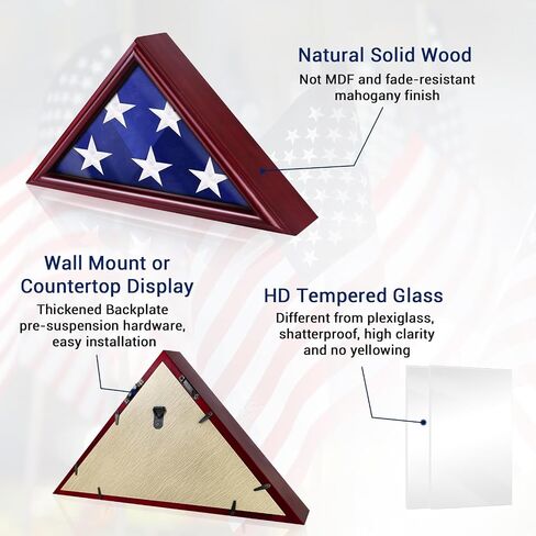 Flag Display Case for 3' x 5' Folded American Flag, Wooden Military Flag Shadow Box with HD Tempered Glass and Wall Mount for Veteran Flag Frame (Brown) in Saudi Arabia