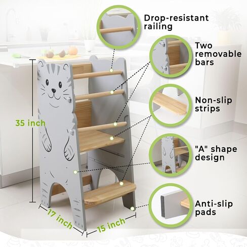 Shandra Toddler Tower Adjustable Stool - Montessori Toddler Kitchen Stool Helper, Toddler Standing Tower, Kids Kitchen Step Stool - Toddler Stool for Kitchen, Learning Tower for Toddlers 1-5 - Wood in Saudi Arabia