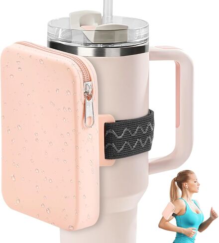 Large Water Bottle Pouch for Stanley Quencher Cup Tumbler, Gym Tumbler Accessories for Women, Waterproof Silicone Pouch, Workout Outdoor Tumbler Pocket for Card, Keys, Cash（Pink） in Saudi Arabia