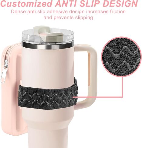 Large Water Bottle Pouch for Stanley Quencher Cup Tumbler, Gym Tumbler Accessories for Women, Waterproof Silicone Pouch, Workout Outdoor Tumbler Pocket for Card, Keys, Cash（Pink） in Saudi Arabia