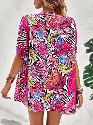 MakeMeChic Women's Plus Size Boho 2 Piece Outfits Short Sleeve Kimono Cardigan Casual Vocation Shirts And Shorts Sets Light Pink 4X-Large Plus in Saudi Arabia