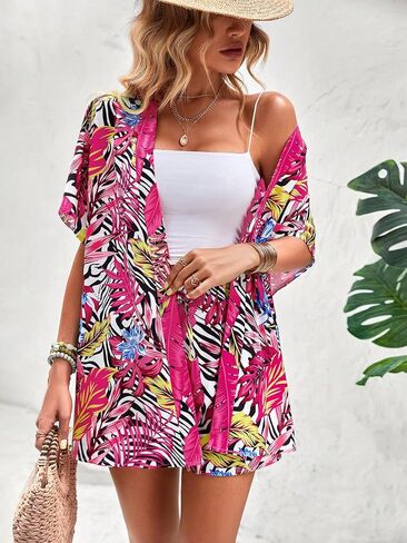 MakeMeChic Women's Plus Size Boho 2 Piece Outfits Short Sleeve Kimono Cardigan Casual Vocation Shirts And Shorts Sets Light Pink 4X-Large Plus in Saudi Arabia