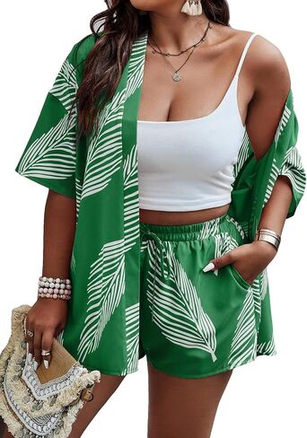 MakeMeChic Women's Plus Size Boho 2 Piece Outfits Short Sleeve Kimono Cardigan Casual Vocation Shirts And Shorts Sets Light Pink 4X-Large Plus in Saudi Arabia