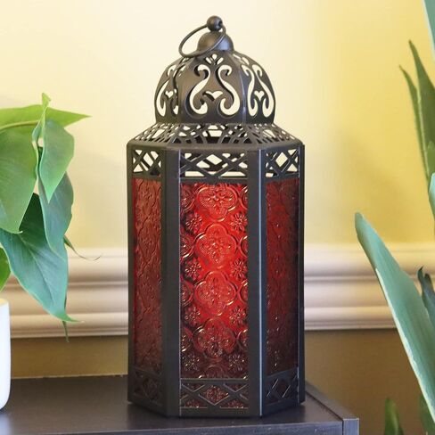 VELA LANTERNS 3pk شمعة مغربية فانوس ديكور حامل شموع مصباح للطاولة أو التعليق، ديكور المنزل الداخلي، الفناء الخارجي أو الشرفة، حفلات الزفاف، معدن أسود، متوسط، زجاج أزرق كوبالت in Kuwait