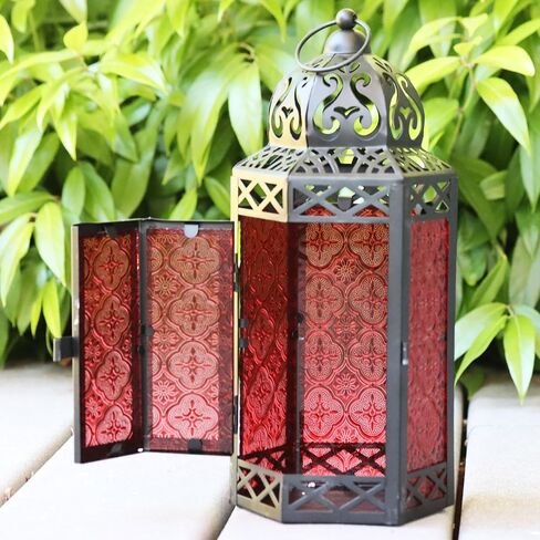 VELA LANTERNS 3pk شمعة مغربية فانوس ديكور حامل شموع مصباح للطاولة أو التعليق، ديكور المنزل الداخلي، الفناء الخارجي أو الشرفة، حفلات الزفاف، معدن أسود، متوسط، زجاج أزرق كوبالت in Kuwait