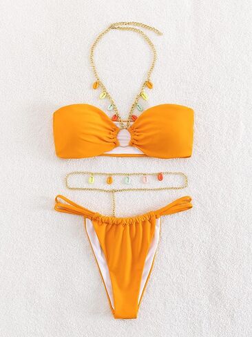 MakeMeChic Women's 3 Piece Swimsuit Ring Linked Halter Thong Bikini Set with Chain in Saudi Arabia