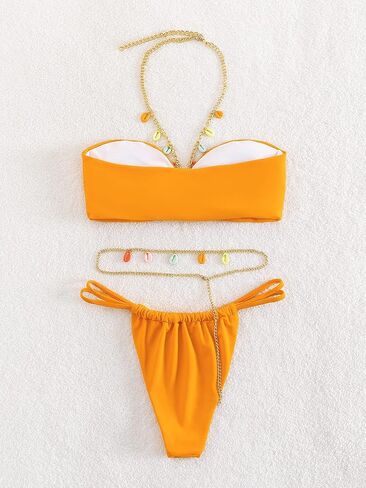 MakeMeChic Women's 3 Piece Swimsuit Ring Linked Halter Thong Bikini Set with Chain in Saudi Arabia
