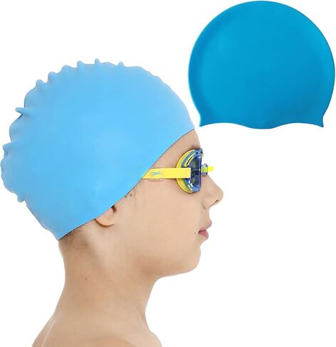 Blue Swim Cap - Suitable for Kids, Youth and Adults of Small Head - Waterproof Swim Cap - high-Elasticity Silicone - Swim caps - Swimming Cap - Youth Swim Cap - Teen Swim Cap in Kuwait